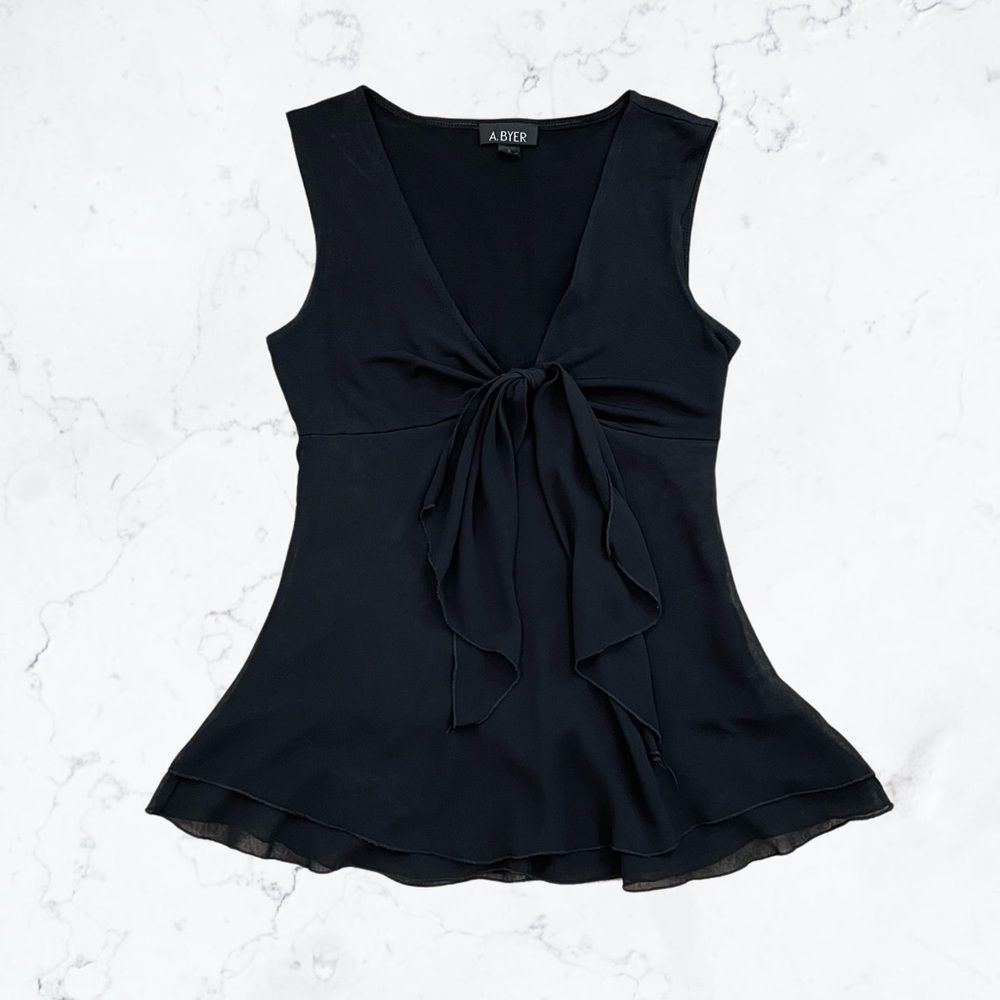 A. Byer Black Deep V Bow Tie Front Layered Chiffon Mesh Tank Top
